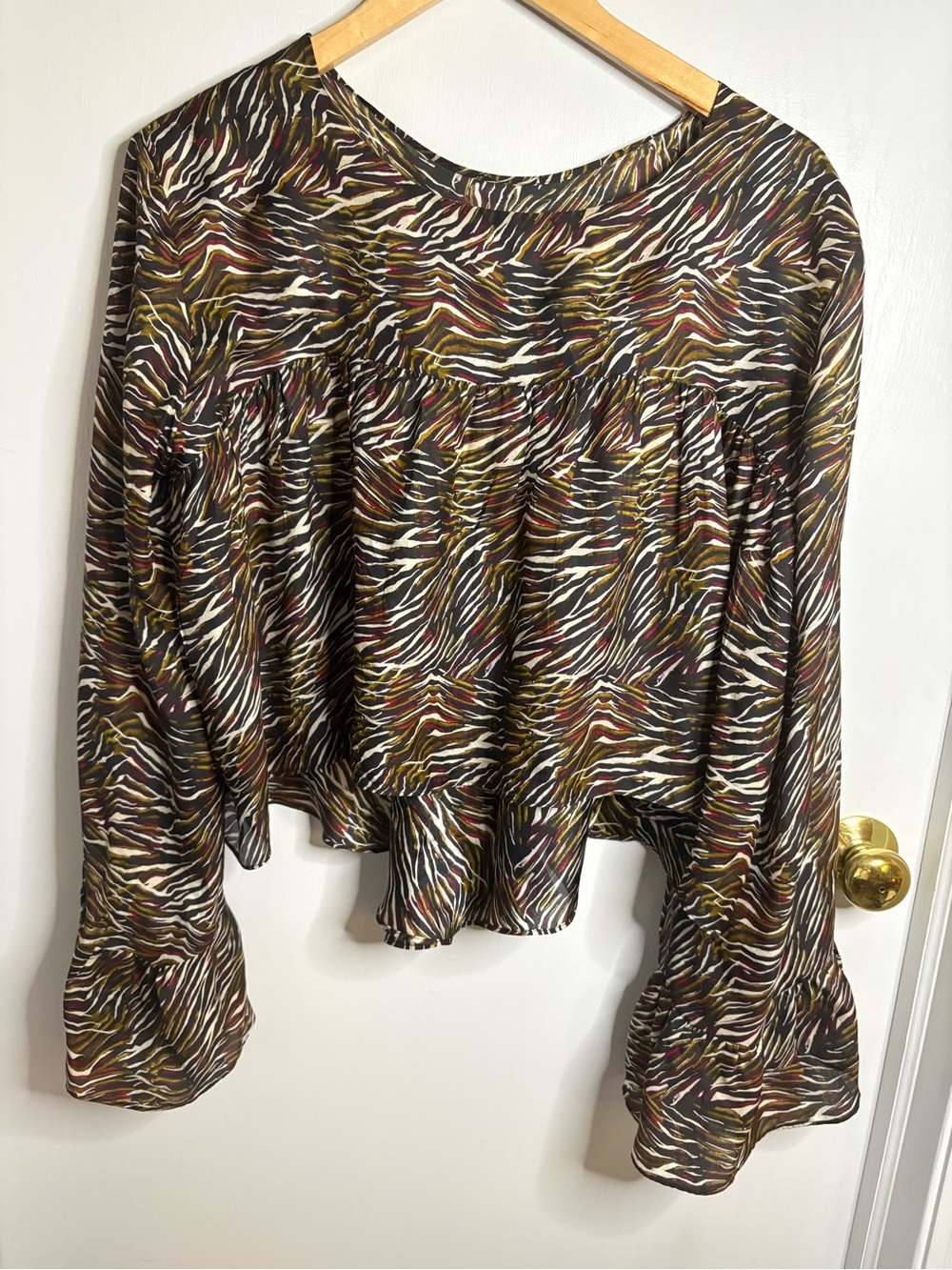 NWOT IRO JEANS Sz L Multicolor Animal Print Silk Ruffle Bell Sleeve Cropped Top